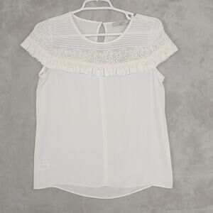 Women's Loft White Top Sz XXSP Floral Lace Cap Sleeve Round Neckline NWT $54.50